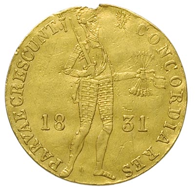 dukat 1831, Warszawa, odmiana z kropką przed pochodnią, złoto 3.47 g, Plage 269, Fr. 114, ubytek po urwanej zawieszce