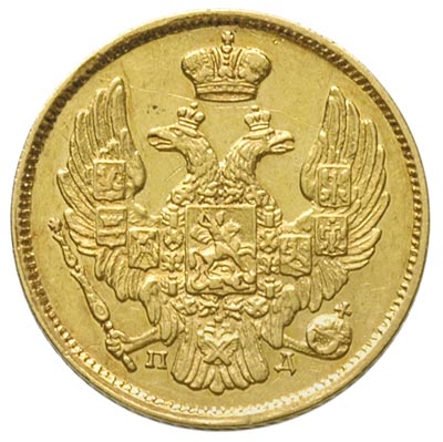 3 ruble = 20 złotych 1837, Petersburg, złoto 3.91 g, Plage 305, Bitkin 1078 R, drobne rysy w tle, duże lustro mennicze