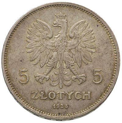 5 złotych 1928, bez znaku menniczego, Bruksela, Nike, Parchimowicz 114 b, patyna