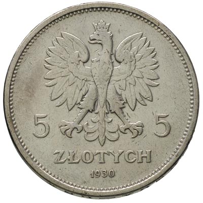 5 złotych 1930, Warszawa, Nike, Parchimowicz 114 c, lekko czyszczone, rzadkie