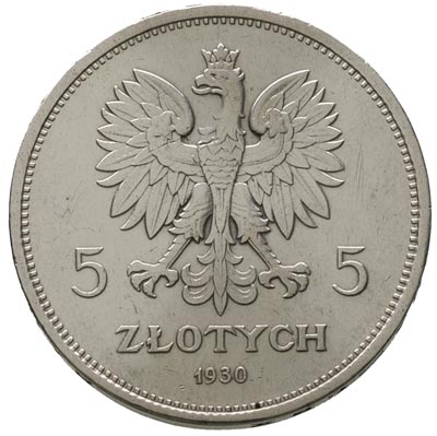 5 złotych 1930, Warszawa, Sztandar, moneta wybita głębokim stemplem, Parchimowicz 115 b, lekko czyszczone, rysy w tle, bardzo rzadkie
