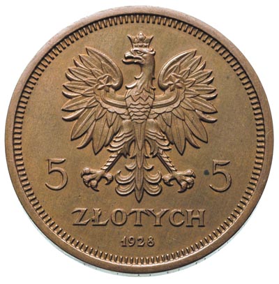 5 złotych 1928, Warszawa, Nike, miedź 16.07 g, Parchimowicz P-142 c, znane 2 sztuki, ogromnie rzadka moneta w gabinetowym stanie zachowania, piękna patyna