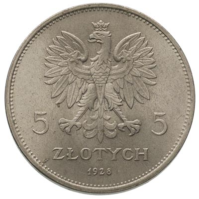 5 złotych 1928, Bruksela, Nike, wklęsłe napisy na rewersie 29 - ESSAI / 29, nikiel 13.51 g, Parchimowicz P-142 h (podobne), nakład nieznany, bardzo rzadka i efektowna moneta w pięknym stanie zachowania