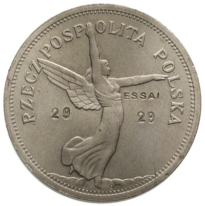 5 złotych 1928, Bruksela, Nike, wklęsłe napisy na rewersie 29 - ESSAI / 29, nikiel 13.51 g, Parchimowicz P-142 h (podobne), nakład nieznany, bardzo rzadka i efektowna moneta w pięknym stanie zachowania