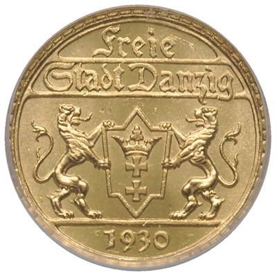 25 guldenów 1930, Berlin, Posąg Neptuna, złoto, Parchimowicz 71, moneta w pudełku firmy ICG z certyfikatem MS 65, rzadka i ładna