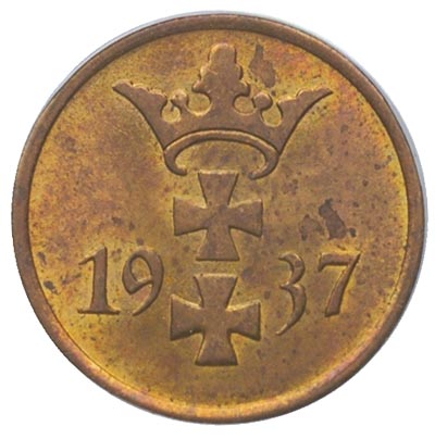 1 fenig 1937, Berlin, Parchimowicz 53 e, moneta w pudełku PCGS -MS 63 RB (Red Brown-określenie barwy i patyny), bardzo ładnie zachowany egzemplarz