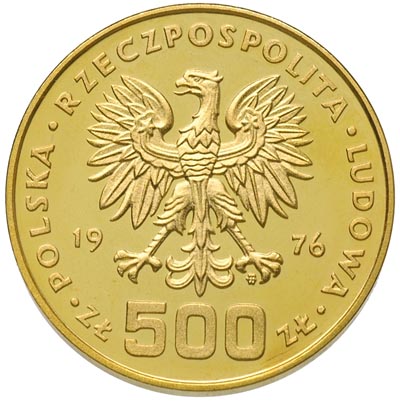 500 złotych 1976, Warszawa, Kazimierz Pułaski, złoto 29.90 g, Parchimowicz 321, moneta wybita stemplem lustrzanym, w oryginalnym pudełku NBP