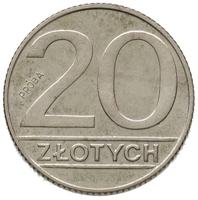 20 złotych 1989, Warszawa, na rewersie wypukły napis PRÓBA, miedzionikiel 5.55 g, Parchimowicz P-323 b, nakład nieznany