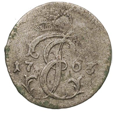 grosz 1763, Mitawa, Aw: Monogram, Rw: Tarcze herbowe, Gerbaszewski 6.2.1.2