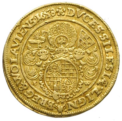 dukat 1658, Brzeg, litery E - W po bokach tarczy herbowej, złoto 3.46 g, F.u.S. 1767, Fr. 3200, stara patyna