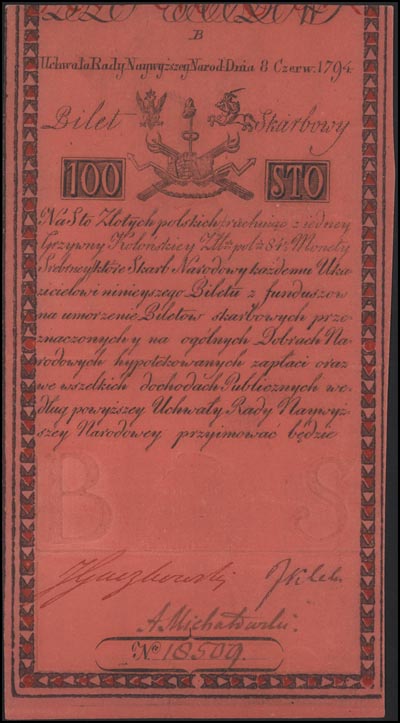 100 złotych 8.06.1794, seria B, Lucow 34 R5, Miłczak A5, widoczny firmowy znak wodny, rzadkie