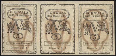 3 x 5 groszy 13.08.1794, Lucow 38.b R6, Miłczak A8, trzy banknoty nierozcięte, rzadkie