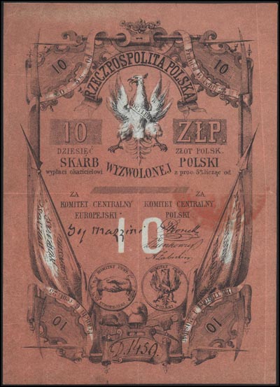 10 złotych polskich 1853, Londyn, Bilet Skarbowy Wyzwolonej Polski, Jabł. 47, Lucow 201 R5, bardzo ładny