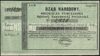 obligacja tymczasowa na 5.000 złotych 186., z numeracją i stemplem Rządu Tymczasowego, Lucow 213 R4, Moczydłowski S 7, bardzo ładnie zachowane, rzadkie