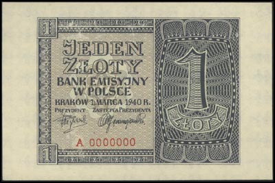 1 złoty 1.03.1940, seria A 0000000, Miłczak 91, na stronie odwrotnej ślad po spinaczu, rzadkie