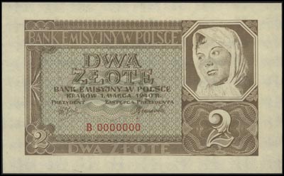 2 złote 1.03.1940, seria B 0000000, Miłczak 92, na stronie odwrotnej ślady po odklejaniu banknotu, rzadkie