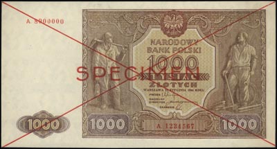 1.000 złotych 15.01.1946, seria A 1234567 - A 8900000, SPECIMEN, Miłczak 122g, minimalny ślad po odklejaniu banknotu