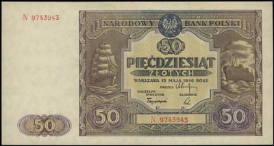 50 złotych 15.05.1946, seria N. Miłczak 128b, ślady po kleju na marginesie