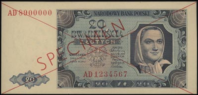 20 złotych, 1.07.1948, seria AD 1234567 - AD 8900000, SPECIMEN, Miłczak 137b, minimalne naddarcie na marginesie