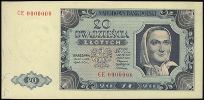20 złotych 1.07.1948, seria CE 0000000, WZÓR, Miłczak 137c, próbny druk na papierze z niebieskimi nitkami, bardzo rzadkie