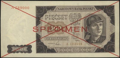 500 złotych 1.07.1948, seria A 123456 - A 789000, SPECIMEN, Miłczak 140a, minimalny ślad po odklejaniu banknotu