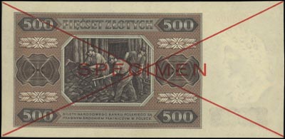 500 złotych 1.07.1948, seria A 123456 - A 789000, SPECIMEN, Miłczak 140a, minimalny ślad po odklejaniu banknotu