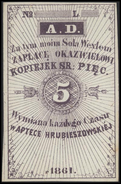 Hrubieszów, 5 i 15 kopiejek 1861 wydane przez aptekę w Hrubieszowie, Jabł. 306 i 307, łącznie 2 sztuki, bardzo ładnie zachowane