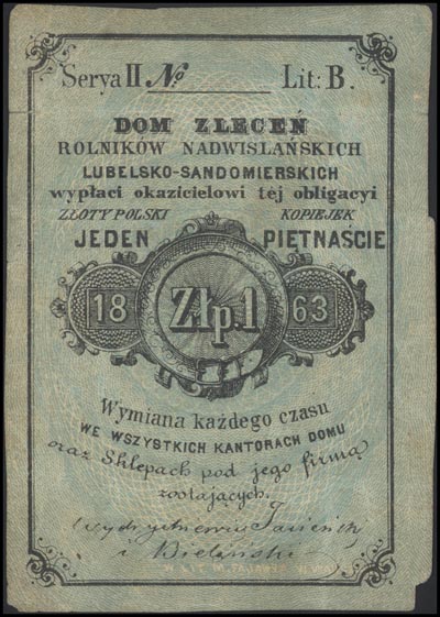 Dom Zleceń Rolników Nadwiślańskich Lubelsko-Sandomierskich, 1 złoty = 15 kopiejek 1863, bez numeracji, Jabł. 478