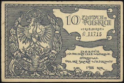 Polski Skarb Wojskowy, 10 złotych = 1 rubel 50 kopiejek 1916, Jabł. 688, Lucow 494 R3