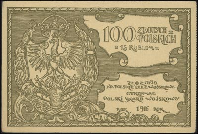 Polski Skarb Wojskowy, 100 złotych = 15 rubli 1916, Jabł. 690, Lucow 496 R6