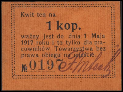 Sosnowiec, Zarząd Przymusowy T-wa Ak. Sosnowieckiej Fabryki Rur i Żelaza, kwit na 1 kopiejkę ważny do 1.05.1917 roku, Jabł 1626