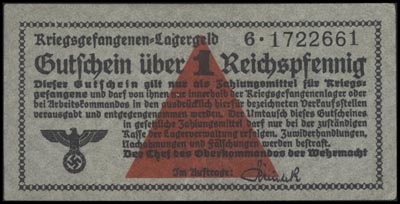 Niemieckie pieniądze obozowe z okresu II wojny światowej, bony na 1, 10 i 50 fenigów oraz 1, 2 i 10 marek, Campbell 3751.f, 3752.c, 3753.e, 3754.d. 3755.b, 3757.a, łącznie 6 sztuk