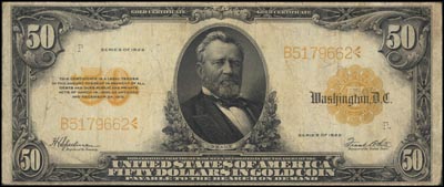 50 dolarów 1922, GOLD CERTIFICATE, podpisy Speelman-White, Fr. 1200, Pick 276, rzadkie