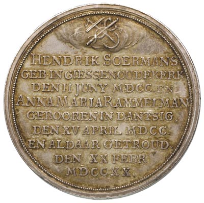 medal autorstwa Martina Holzhey’a medaliera z Amsterdamu na 25-lecie ślubu Henryka Soermansa, Aw: Para jubilatów siedząca pod palmą, w odcinku napis T SILVRE FESTGEV DANTSIG 1745, powyżej w półkolu napis SIONS GOD - ZYONS LOT, Rw: Napis w 9 poziomych liniach HENDRIK SOERMANS GEB IN GIESSENOUDEKERK DEN II JUNY MDCC.EN ANNA MARIA RAMMELMAN, srebro 30.33 g, 43.5 mm, H-Cz 4038, na rancie punca kolekcjonerska