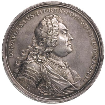 medal koronacyjny autorstwa H.P.Groskurta 1734 r., Aw: Popiersie króla w peruce i zbroi w prawo, napis w otoku D G AVGVSTVS III REX POL M D LITH D SAX EL, Rw: Scena koronacji