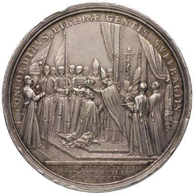 medal koronacyjny autorstwa H.P.Groskurta 1734 r., Aw: Popiersie króla w peruce i zbroi w prawo, napis w otoku D G AVGVSTVS III REX POL M D LITH D SAX EL, Rw: Scena koronacji