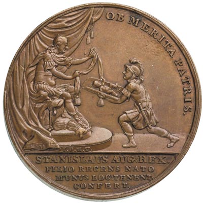 Narodziny syna gen.Alojzego Fryderyka Brühla, medal autorstwa J.F. Holzhaeussera 1781 r., Aw: Król w stroju antycznym okrywa niemowlę podane przez żołnierza, napis u góry, Rw: Napis poziomy ALOIS FRID. COM. A. BRUHL...., brąz 36.59 g, 45 mm, Więcek 51, H-Cz. 3861 R1, Racz. 574, medal upamiętniający symboliczne przyjęcie nowonarodzonego syna generała Brühla do Korpusu Artylerii, patyna