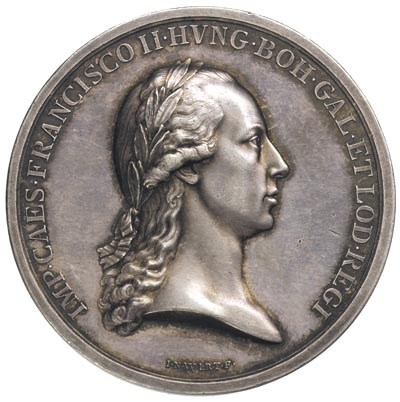 medal sygnowany J.N.Wirt, wybity w 1796 r., z okazji przysięgi wierności składanej przez mieszkańców Galicji, Aw: Popiersie cesarza Franciszka II i napis, Rw: Napis w sześciu wierszach FIDES GALICIAE SECVNDAT IVEREIVR OBSTRICTA CRACOVIAE DIE XVII AVGVSTI MDCCXVI, srebro 43.81 g, 49 mm, H-Cz. 4584