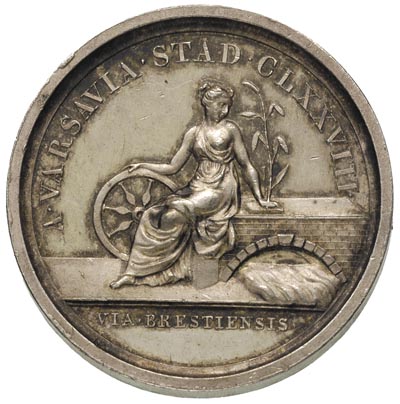 medal wybity z okazji otwarcia drogi z Warszawy do Brześcia Litewskiego w 1823 r., Aw: Postument, na nim napis AERE/PUBLICO/SILICE/STRATA, w otoku ALEX.I.P.F.V.CAES.AUG.AMP.T.RUS.REG.POL.JUSSU, Rw: Siedząca kobieta wsparta lewą dłonią o most, prawą ręką trzymająca koło, w odcinku na dole napis VIA. BRESTIENSIS., powyżej w otoku napis A.VARSAVIA.STAD.CLXXVIII, srebro 38.22 g, 47 mm, H-Cz. 3567 R1