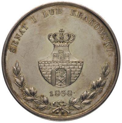 Florian Straszewski - medal autorstwa I.D Boehm’a z 1838 r., :Aw: Popiersie w lewo, poniżej napis ZA OFIARĘ I TRUDY W UPIĘKIENIU MIASTA, Rw: Wieniec, powyżej herb Krakowa, data i napis SENAT I LUD KRAKOWSKI, srebro 61.25 g, 57 mm, H-Cz. 4041 R2, w oryginalnym pudełku z epoki