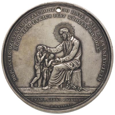 medal na pamiątkę chrztu autorstwa J. Majnerta, Aw: Chrystus siedzący na pniu błogosławiący dzieci, poniżej napis EWAN.S.MARKA.ROZD.10 w 14, w otoku napis DOPUŚCCIE DZIATKOM PRZYCHODZIĆ DO MNIE...., Rw: Napis NA PAMIĄTKĘ CHRZTU, srebro 63.82 g, 54.5 mm, H-Cz. 4135, Rewoliński 1346, medal przedziurawiony