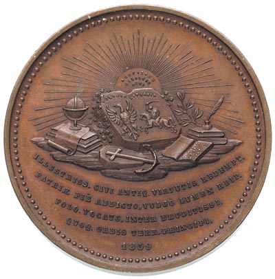 Joachim Lelewel - medal autorstwa Wurden’a 1859 r., Aw: Popiersie w prawo i napis w otoku JOACHIMUS LELEWEL NATUS VARSAVIAE AD 1786, poniżej sygnatura, Rw: Na tle wschodzącego słońca herby Rzeczypospolitej, przybory szkolne, kotwica i napis ILLUSTRIS CIVI ANTIQ VIRTVTIS REDEMPT ..., niżej data 1859, brąz 50 mm, H-Cz. 5393 R1, piękny stan zachowania