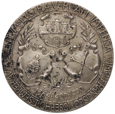 500-lecie Uniwersytetu Jagiellońskiego - medal autorstwa W. Trojanowskiego 1900 r., Aw: Siedzące postacie władców