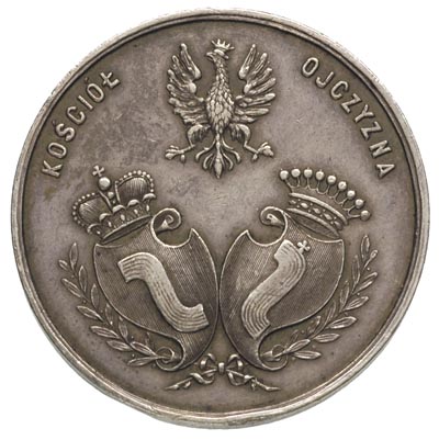 medal zaślubinowy projektu Franciszka Kwileckiego wybity w 1901 r., z okazji zaślubin z Jadwigą Lubomirską, Aw: Napis poziomy FRANCISZKA KWILECKIEGO I JADWIGI LUBOMIRSKIEJ ZAŚLUBINY, MAŁA WIEŚ MDCCCCI 19/VIII, Rw: Orzeł i dwie tarcze herbowe, u góry napis KOŚCIÓŁ - OJCZYZNA, srebro13.86 g, 32 mm, Strzałkowski 15