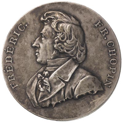 Fryderyk Chopin-medal autorstwa Lauera 1910 r., Aw: Popiersie Chopina w lewo, w otoku napis, Rw: W wieńcu napis GEBOREN ZU ZELAZOWA 22 FEBRUAR 1810 / GESTORBEN ZU PARIS 17 OKTOBER 1849, srebro \990\" 50.13 g
