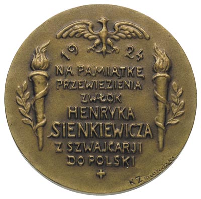 medal autorstwa K. Żmigrodzkiego - sprowadzenie zwłok Sienkiewicza 1924 r., Aw: Popiersie w prawo, Rw: Napis poziomy w siedmiu wierszach, brąz 33 mm, Strzałkowski 518 RR, w brązie wybito 100 egzemplarzy