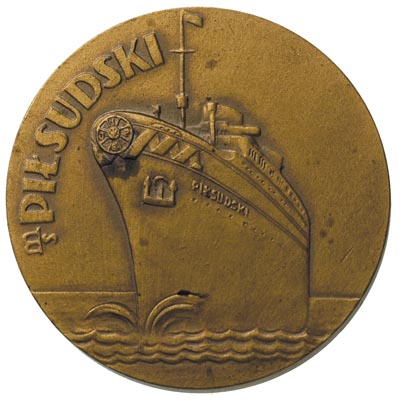 medal - Pierwsze Podróże Statku M/S Piłsudski 1935 r., Aw: Dziób statku na morzu, Rw: Mapa świata i linia łącząca porty w Nowym Yorku i Gdyni, brąz 40 mm, Strzałkowski 765 RR, w oryginalnym pudełku