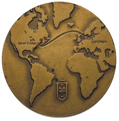 medal - Pierwsze Podróże Statku M/S Piłsudski 1935 r., Aw: Dziób statku na morzu, Rw: Mapa świata i linia łącząca porty w Nowym Yorku i Gdyni, brąz 40 mm, Strzałkowski 765 RR, w oryginalnym pudełku