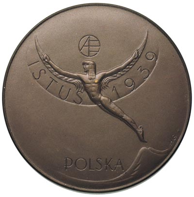 Aeroklub Polski-jednostronny medal autorstwa Henryka Grunwalda 1939 r. z okazji zjazdu ISTUS (Międzynarodowej Federacji Sportu Szybowcowego), Stylizowanny Ikar w locie, pod skrzydłami napis ISTUS 1939, niżej POLSKA, brąz 60 mm, Strzałkowski 849 RR, piękny egzemplarz i rzadki