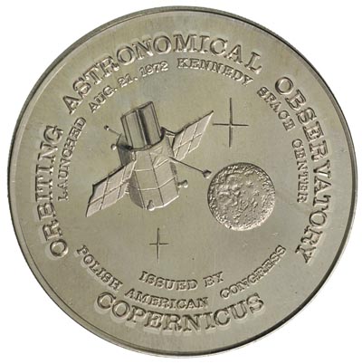 Mikołaj Kopernik - medal na 500-lecie urodzin wydany przez Polsko-Amerykański Kongres w 1973 r., Aw: Popiersie trzyczwarte w lewo i napis MIKOŁAJ KOPERNIK 500TH ANNIVERSARY 1473-1973, Rw: Satelita krążący wokół globu ziemskiego i napisy w otoku, srebro 28.33 g, 38 mm